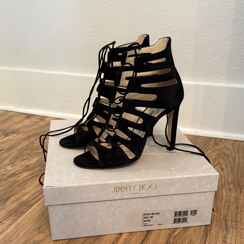 Jimmy Choo Hitch 100 Suede Black Lace Up Sandals Heels